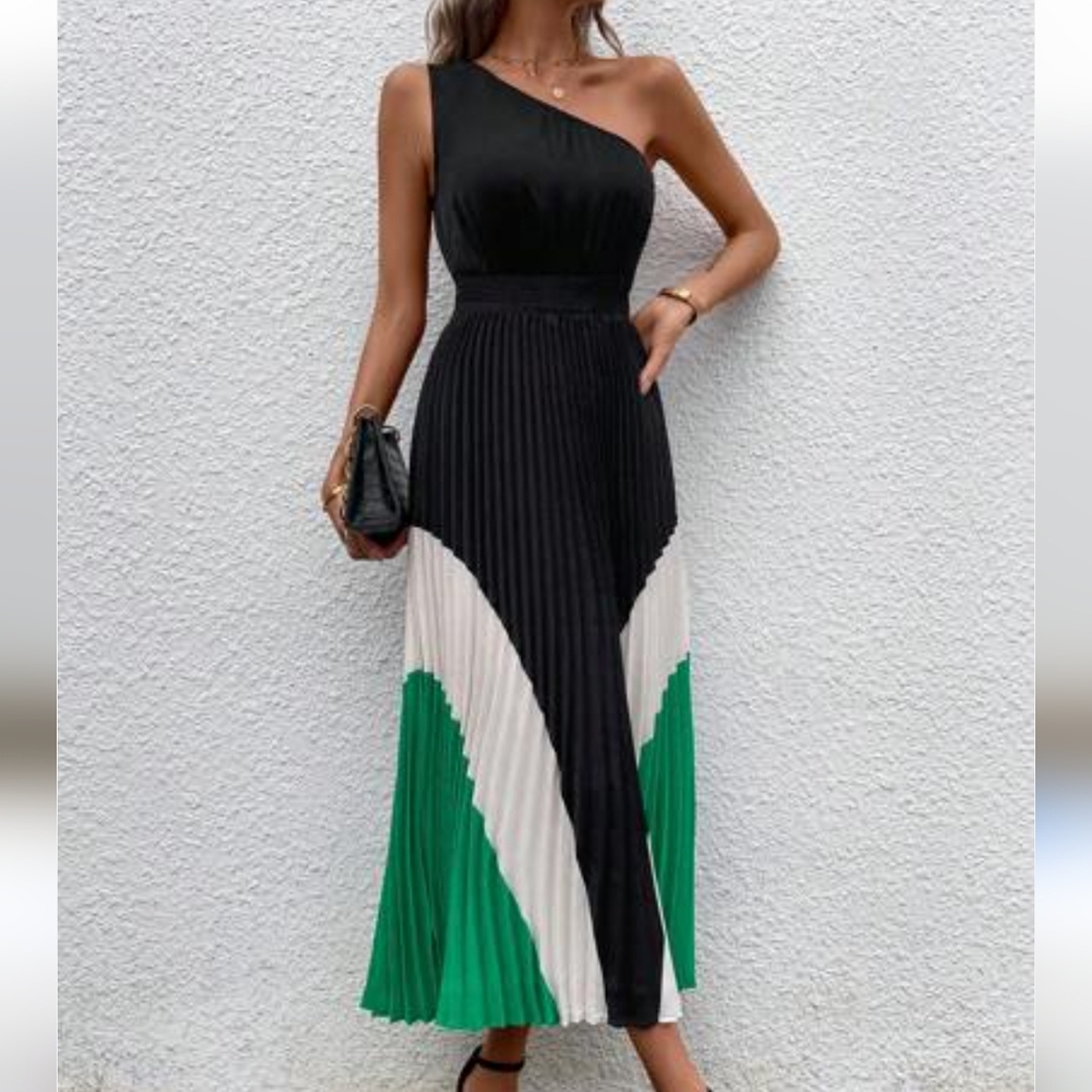 Elegant One-Shoulder Black and Green Dress